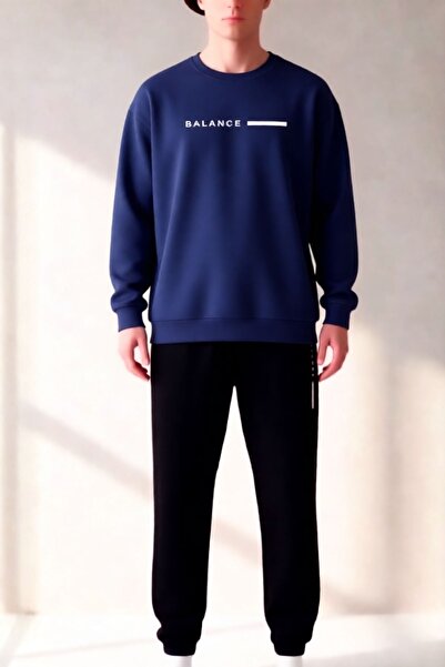 Trendseninle Laci Siyah Balance Baskılı Bisiklet Yaka Alt Üst Eşofman Takımı