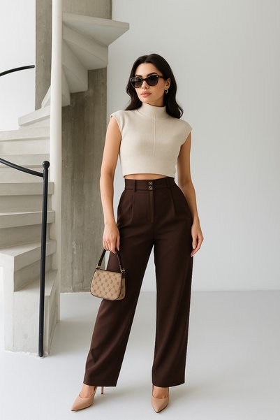 BEGBOR LİNGERİE Women's Brown High Waist Palazzo Pants – Wide Leg Stylish Office & Casual Model