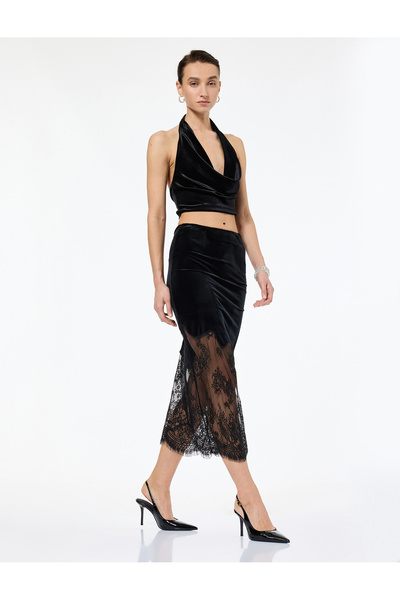 Koton Püskül Detaylı Asimetrik Kesim Midi Dantelli Kadife Etek