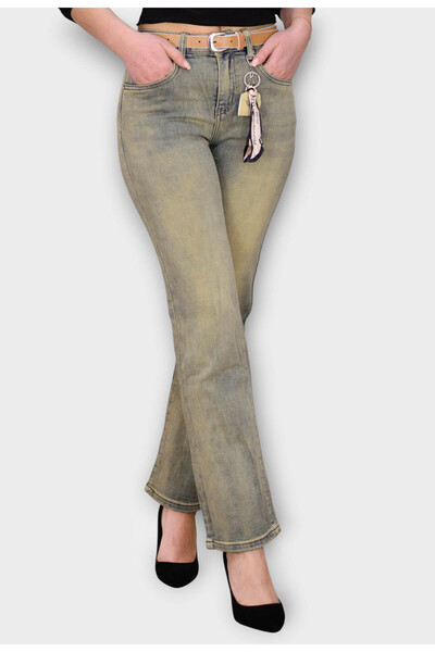 Elis Fashion Beige Wide Leg Jeans with High Waist and Belt Included