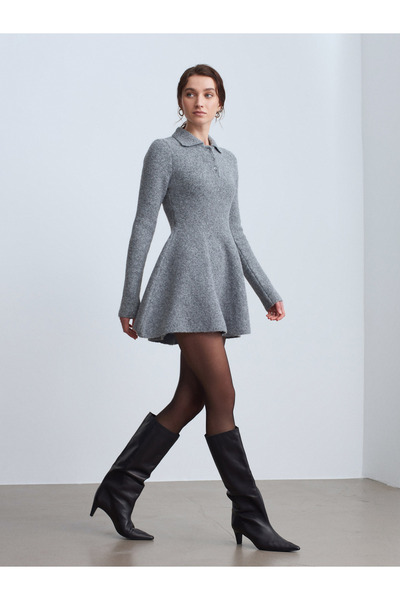 Dilvin 90264 Polo Yaka Peplum Triko Elbise-Füme M.