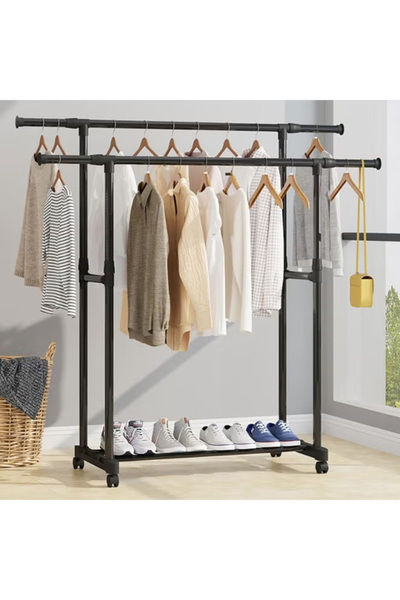 Generic Double-rod clothes rack with wheels and storage shelf, adjustable height and length