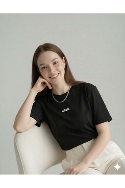 FAVORİST Superb. Printed Black Crew Neck Cotton Women's Regular Fit Tshirt