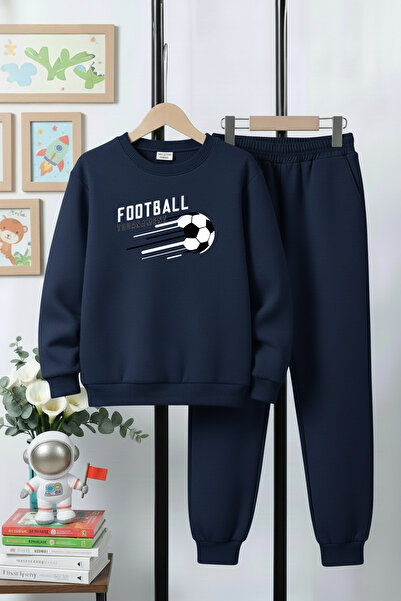 YA KO KİDS 3-слоен дебел шерпа яка велосипеден врат футболен принт детайлен комплект спортен екип за момчета