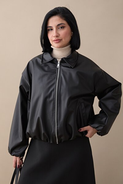 InStyle Short Leather Bomber Black Jacket