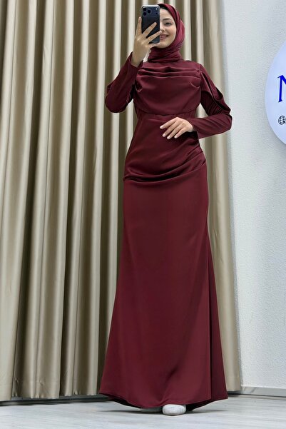 Matik Abiyem Breast Draped Asymmetrical Top Detailed Long Sleeve Mock Neck Slim Fit Silhouette Tall Length Stylish Evening Dress