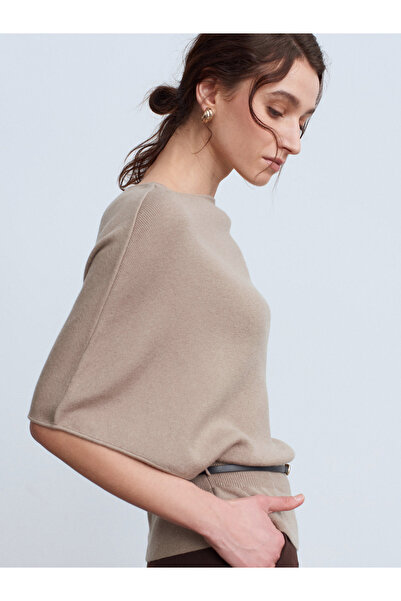 Dilvin 10838 Wool Blend Belted Boat Neck Sweater - Mink M.