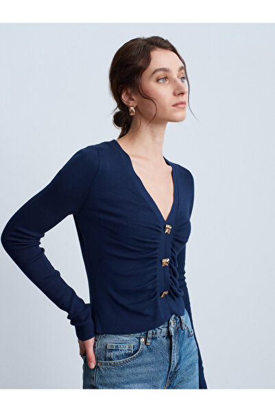 Dilvin 10805 V-Neck Buttoned Sweater-Navy Blue