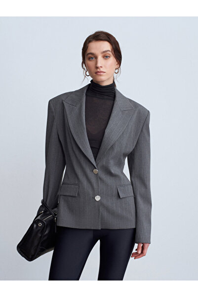 Dilvin 60774 Fitted Cut Shoulder Pad Piece Blazer-Grey