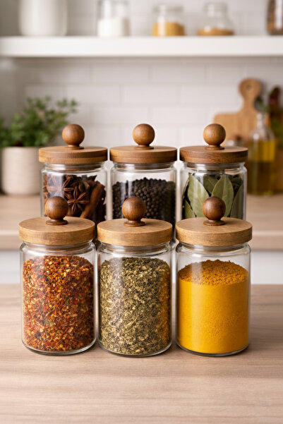 Kitchen Way Acacia Gasket Lid 6-Piece Borosilicate 600ml Jar Set Kw-743