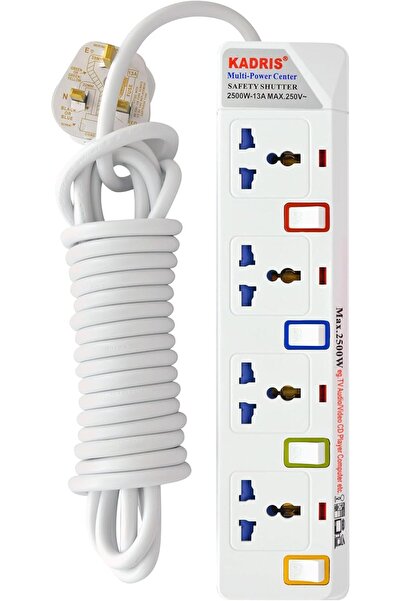 Kadris 914 Heavy Duty Extension Cord with 4 Outlets and Single Switch, 5 Meters, White