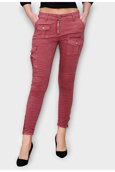 Elis Fashion Blugi Caramizii Skinny cu Talie Joasa si Buzunare Aplicate