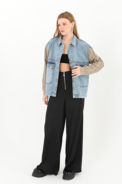 Soul Women's Knitwear Sleeve Detailed Denim Jacket -32041Ckt - Mink-Light Blue