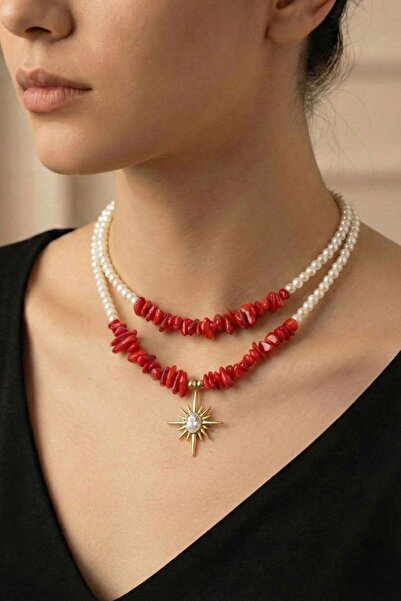 Pemila Design Polar Star Detailed Natural Cracked Stone Double Pearl Necklace...