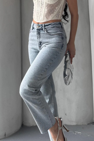 Coşkun GİYİM Women's High Waist Mom Fit Spreading Star Denim Pants Snow Washing 7040-08