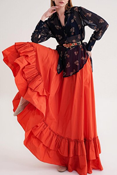 SOCIETA Turuncu Beli lastikli ve kordonlu uzun etek 81327