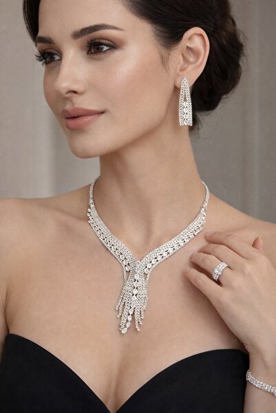 TAKIŞTIR Silver Color Stone Detailed 4-Piece Evening Dress/Wedding Set
