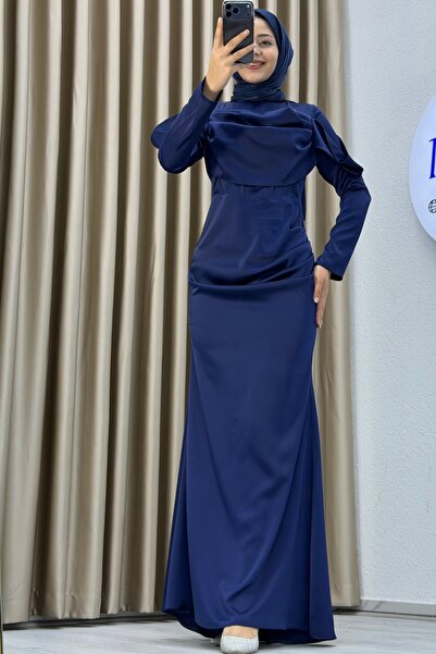 Matik Abiyem Breast Draped Asymmetrical Top Detailed Long Sleeve Mock Neck Slim Fit Silhouette Tall Length Stylish Evening Dress
