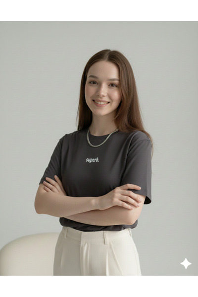 FAVORİST Superb. Printed Anthracite Crew Neck Cotton Women's Regular Fit Tshirt