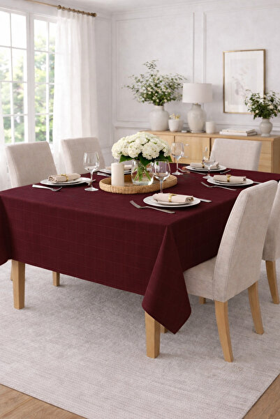 NazeninHome Checkered Satin Tablecloth Burgundy 100% Cotton 140X140 cm Without Napkin