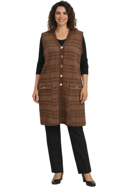 MERSA Kadın Kapitone Düğmeli Uzun Yelek Cepli Günlük Şık Mevsimlik Yelek