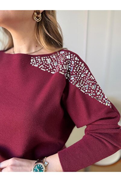 Size Özgü Bordo Omuz Taşlı Triko