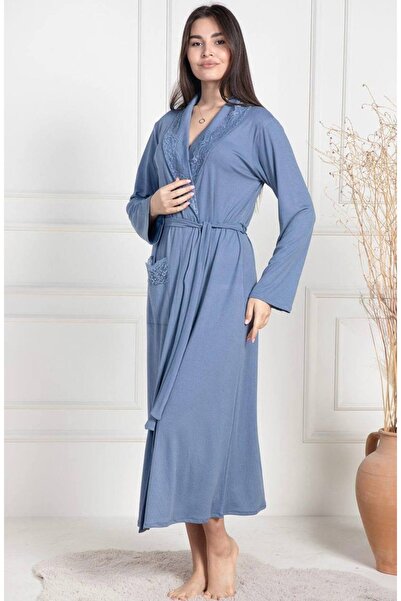 Lohusa Homewear Women's Blue Special Design Lace Detailed Long Belted Large Size Dressing Gown with Pockets