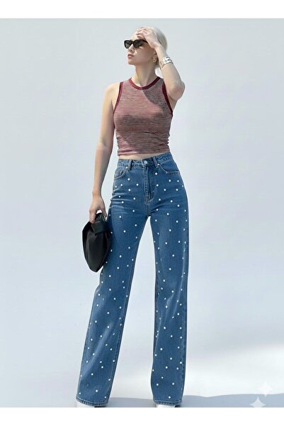 nd jeans Women's Wide Leg High Waist Pearl Stone Detailed Jeans