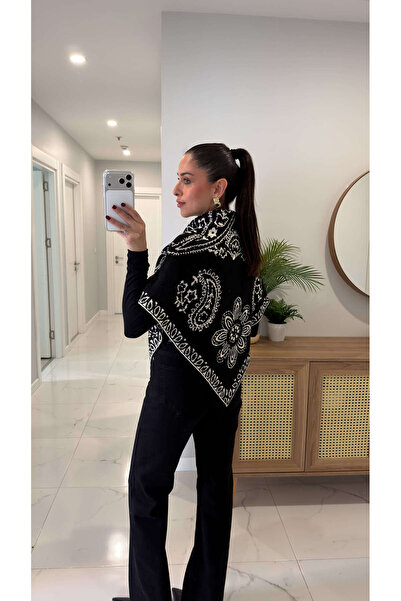 BİRCANÇİL Carnival Black Cream Patterned Shawl Knitwear
