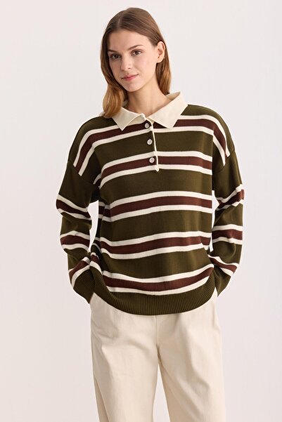 ipekton studio Polo Neck Striped Knitwear Sweater Khaki