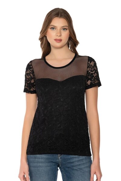 Belinay 8005 Dantelli ve Tül Detaylı Kadın T-shirt