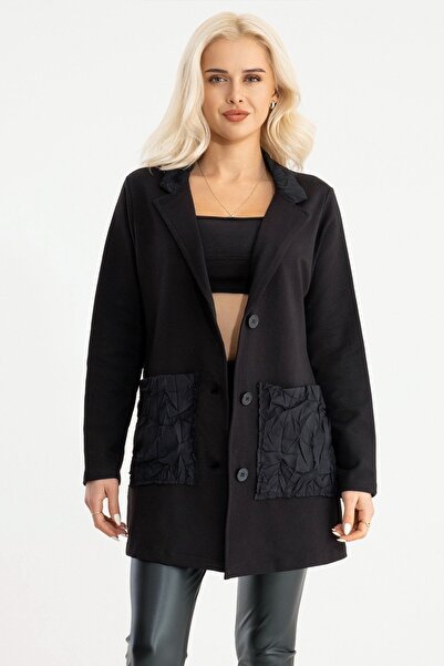 Bold & Young Women's Black Buttoned Blazer Jacket with Pockets and Crochet Detail on the Back