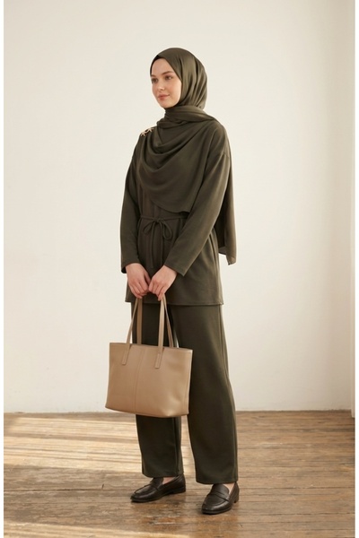 sefamerve Star Detailed Draped Tunic Trousers Double Set 2209-01 Khaki