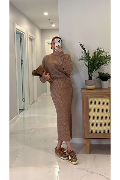 BİRCANÇİL Dlvin Betra Dark Beige Melange Soft Textured Dress