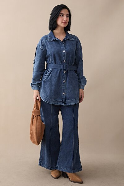 InStyle Blue Denim Suit with Belted Epaulettes