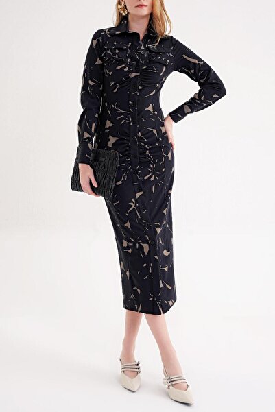 SOCIETA Desenli Dar kesim büzgü detaylı uzun gömlek elbise 94664