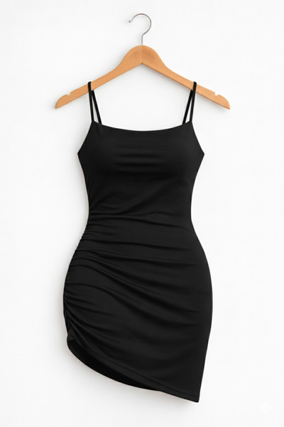 SİTRİNA Black Boat Neck Cross Single String Back Detail Side Gathered Mini Dress 5126