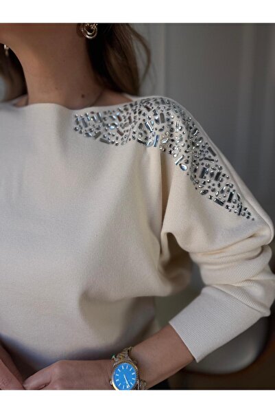 Size Özgü Krem Omuz Taşlı Triko