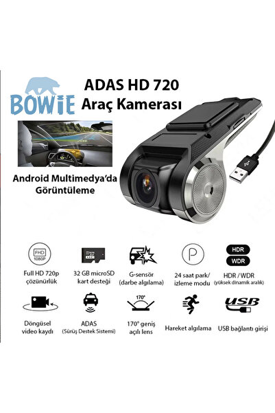 Bowie Adas şerit terk çarpışma önleme özellikli Gece görüşlü HD araç içi kame...