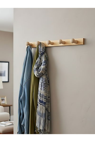 Bisbell Wooden Wall-Mounted Hanging Hook Rack - 5 Hook Home Organizer for Coats,Keys & Towels,Natural,BB3137