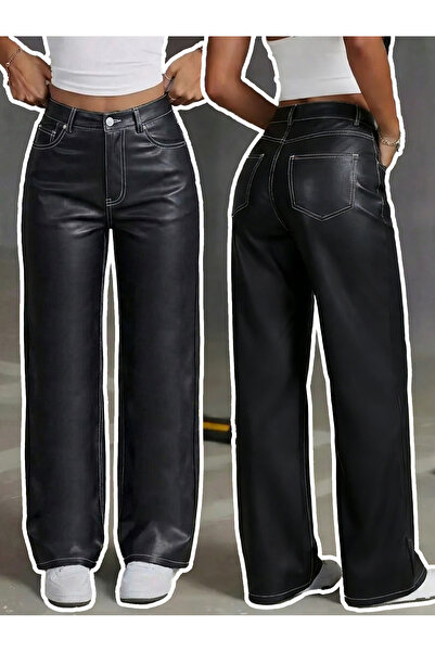 Shevadne Siyah Yüksek Bel Beyaz Dikişli Geniş Paça Suni Deri Pantolon Günlük ...