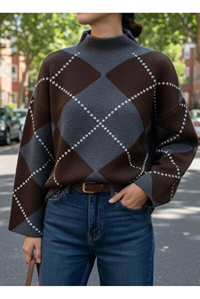 Maysev Half Turtleneck Argyle Pattern Spanish Sleeve Off Shoulder Soft Soft T...