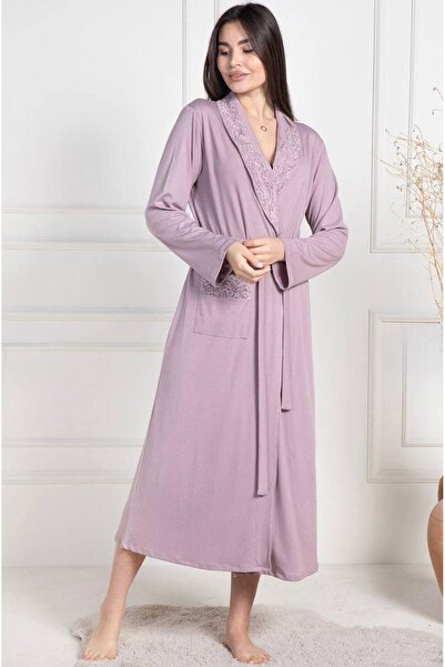 Lohusa Homewear روب نسائي طويل بتصميم خاص مع تفاصيل من الدانتيل وحزام وجيوب، مقاس كبير