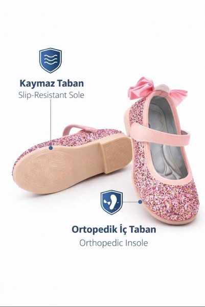 pinkchıld Girl's Pink Glitter Orthopedic Non-Slip Sole Velcro Ballerina Shoes