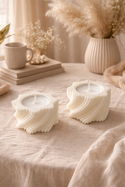 Aves Tasarım Minimalist Kırık Beyaz Spiral Tasarım Dekoratif Mumluk (2’li Set)