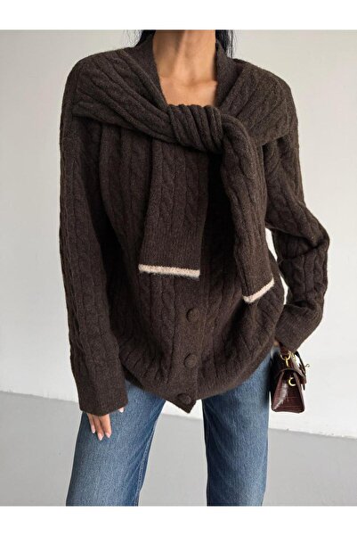 ribana Women's Soft Textured Hair Braid Detailed Buttoned Extra Sleeve Detail Loose Fit Cardigan - 2561