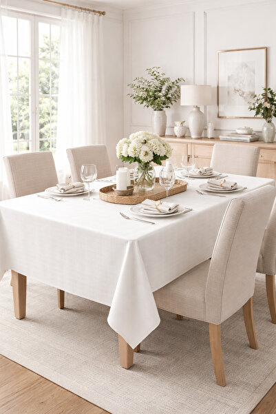 NazeninHome Checkered Satin Tablecloth 100% Cotton 140X200 White Without Napkin