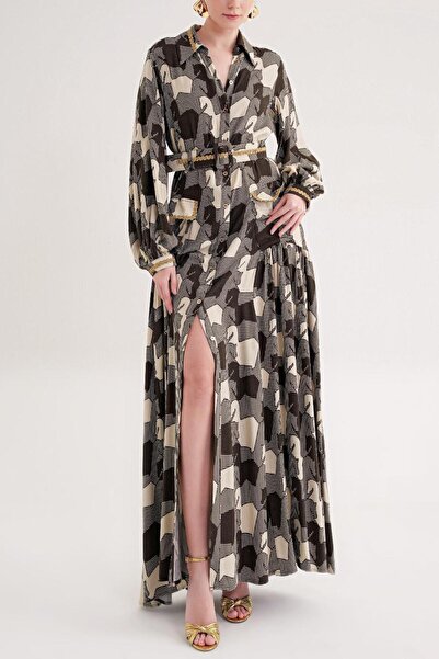 SOCIETA Desenli Şerit detaylı büzgülü bol kesim uzun gömlek elbise 94675