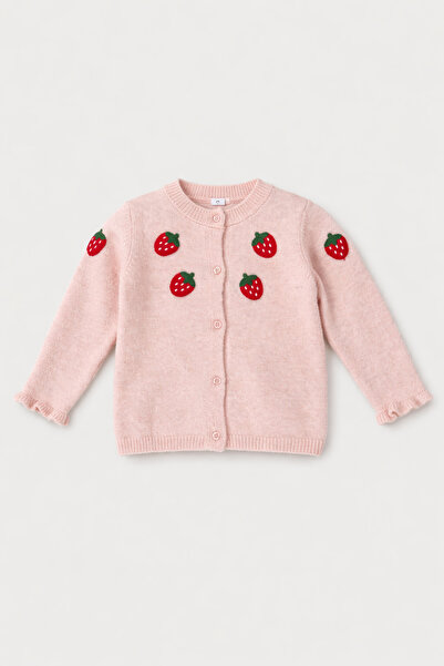 Çipil Kız Çocuk Pudra Çilek Nakışlı Düğmeli Örme Hırka