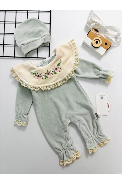 cacobutik بدلة مخملية للفتيات الصغيرات مع قبعة مطرزة باللون الأخضر الفاتح وال...